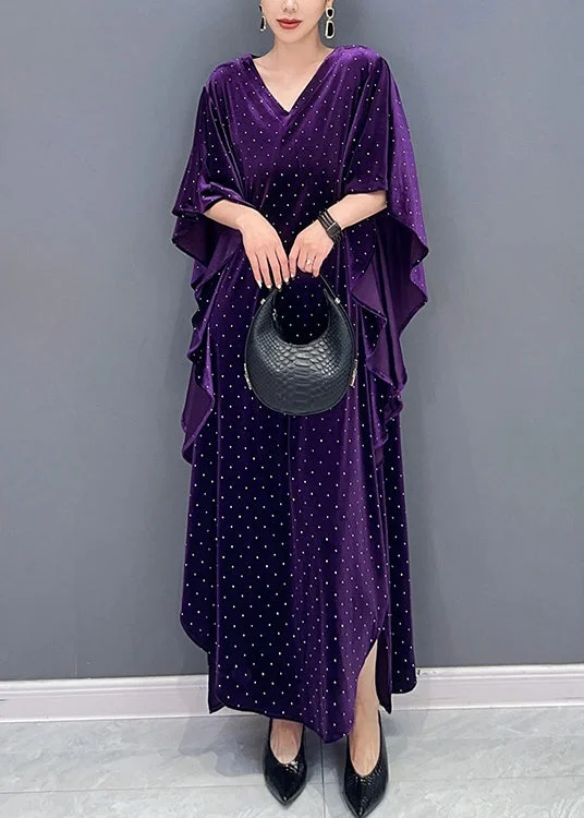 maxi dresses for destination weddingsLoose Purple Asymmetrical Dot Patchwork Velour Long Dresses Fall