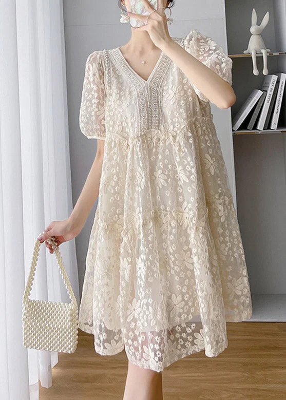 maxi dresses for special occasionsLoose Beige V Neck Lace Patchwork Long Dress Short Sleeve