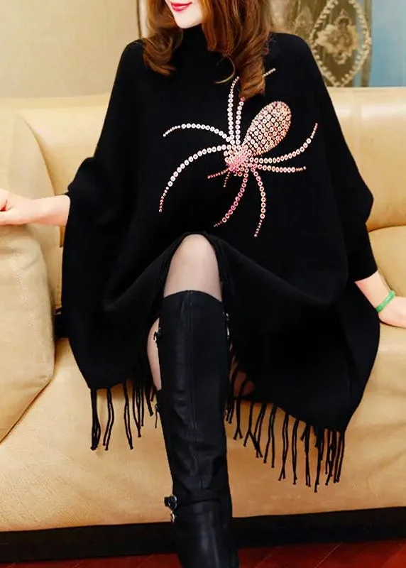 maxi dresses for weddingsFine Black Turtleneck Tassel Long Knit Sweater Dress Winter