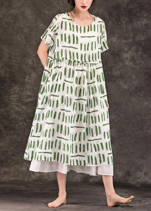 maxi dresses for warm weatherStyle green striped linen dresses o neck pockets long summer Dress