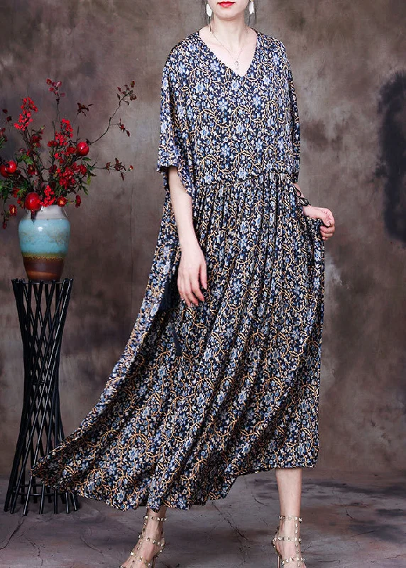 maxi dresses for black-tie eventsVintage Blue Print V Neck Drawstring Silk Long Dresses For Women Half Sleeve