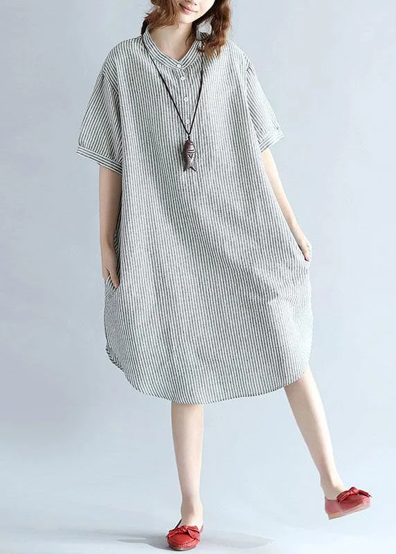 velvet maxi dressesChic side open Cotton Long Shirts Work gray striped Dresses summer