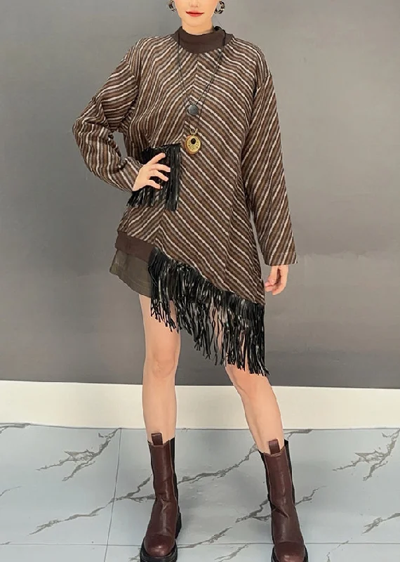 maxi dresses for flower girlsBohemian Brown O-Neck Asymmetrical Tassel Wool Knit Long Sweater Dress Winter