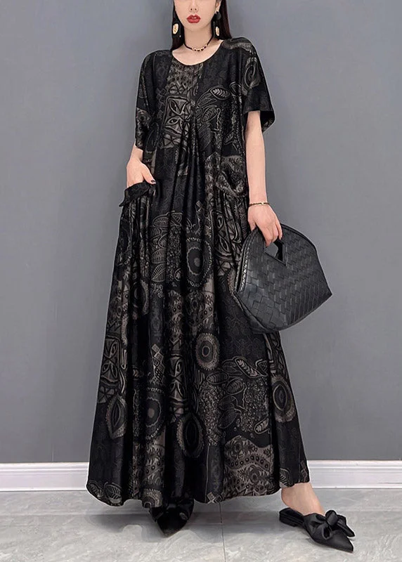 maxi dresses for date nightsBeautiful Black O-Neck Print Pockets Long Dresses Short Sleeve