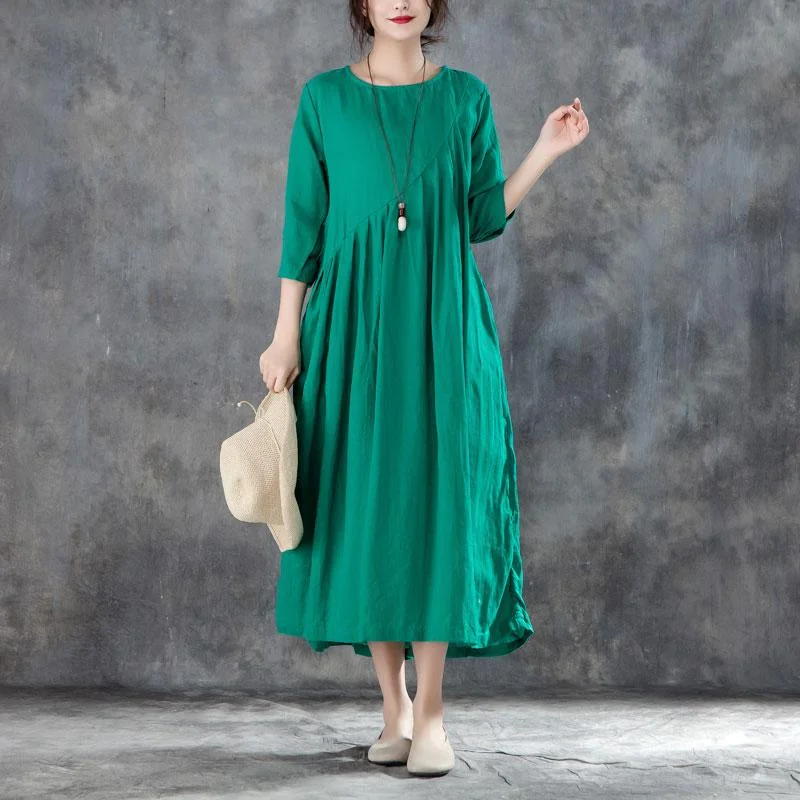 maxi dresses with A-line silhouettesNew long linen dress Loose fitting Linen Round Neck Three Quarter Sleeve Green Pleated Dress