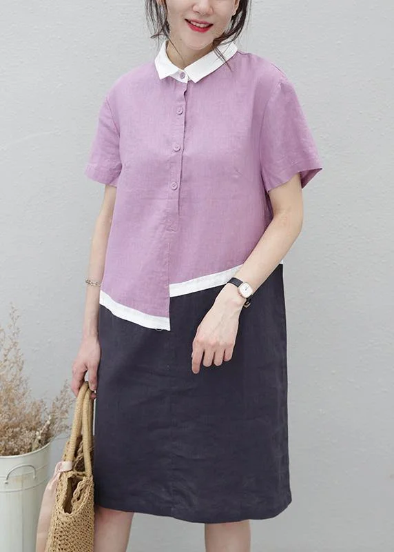 maxi dresses for warm weatherOrganic lapel patchwork linen summerLong Shirts pattern purple Dress