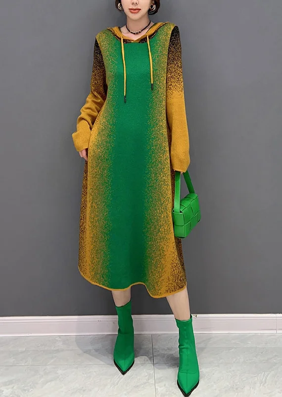 maxi dresses for casual strollsGradient Color Green Neck Tie Hooded Knit Long Dress Winter