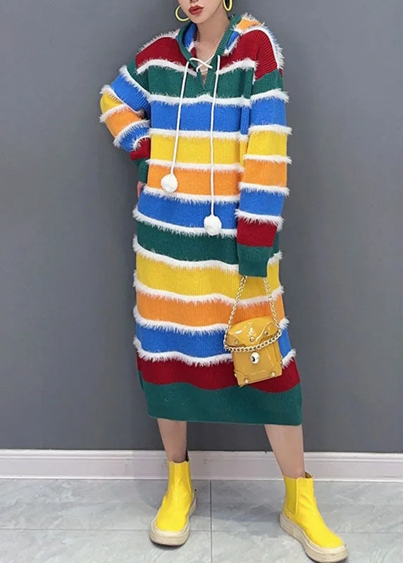 maxi dresses for springStylish Rainbow Striped Patchwork Hooded Long Knit Sweater Dress Fall