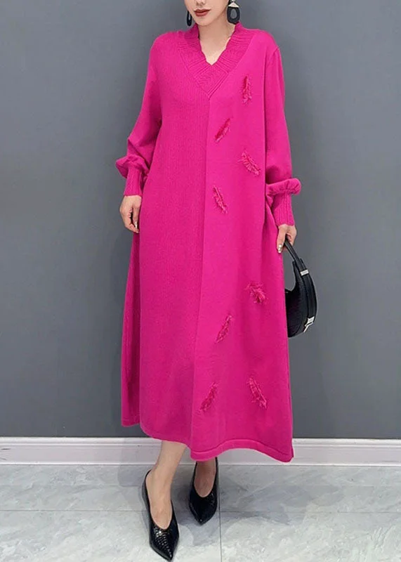 maxi dresses for breastfeeding mothersPlus Size Pink V Neck Knit Long Dress Long Sleeve