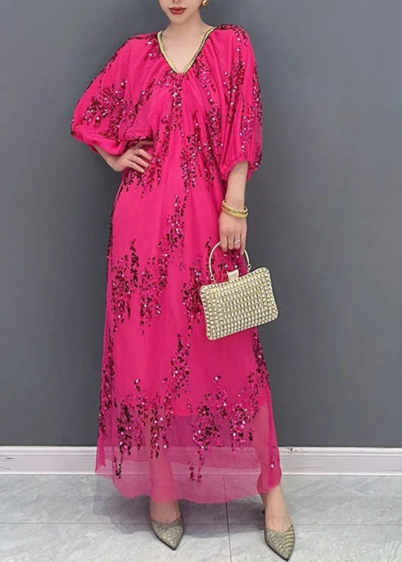 maxi dresses for day-to-night wearItalian Rose V Neck Sequins Tulle Long Dresses Bracelet Sleeve