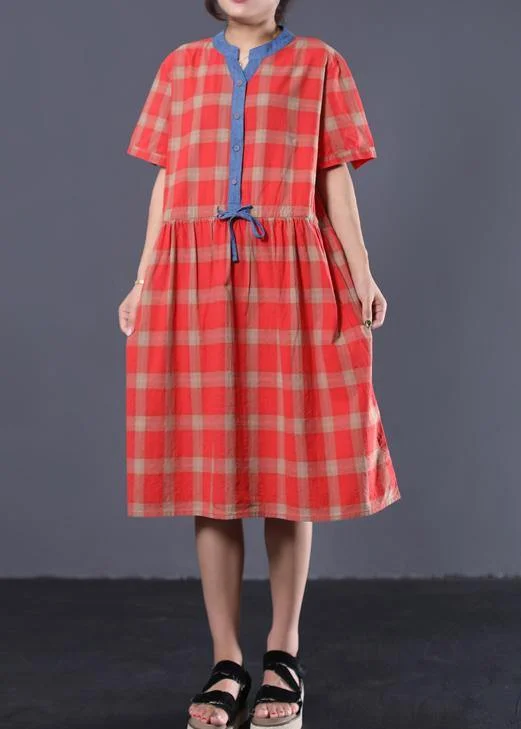 maxi dresses with low necklinesStyle red plaid cotton clothes For Women patchwork color long summer Dresses