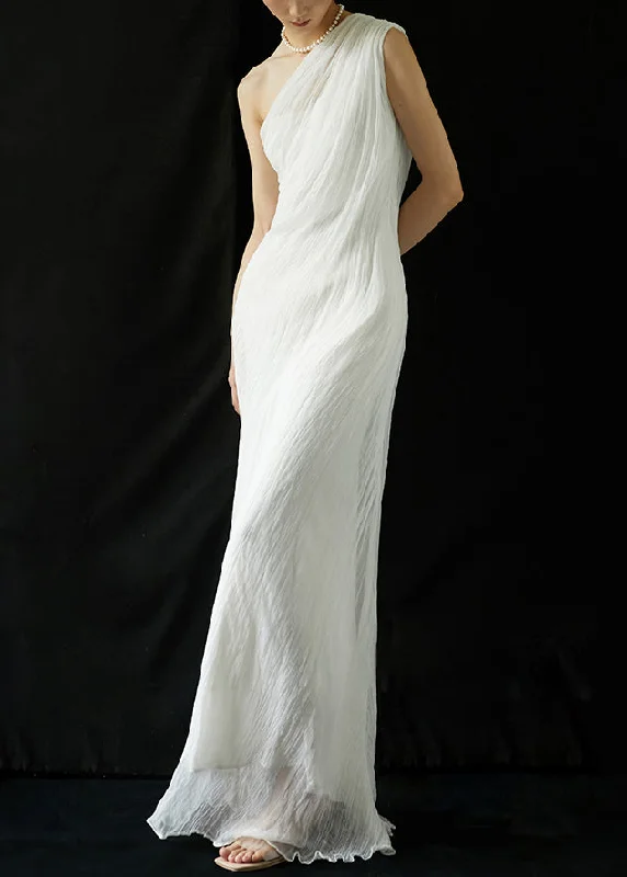 lace maxi dressesElegant White One-Shoulder Wrinkled Silk Long Dresses Summer