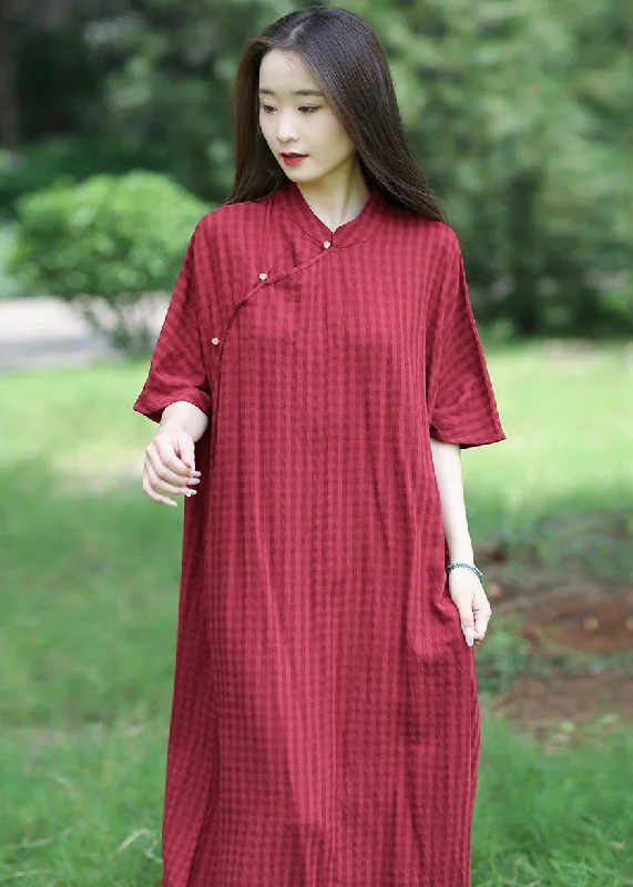 floral print maxi dressesLoose Red Stand Collar Button Linen Long Dresses Summer