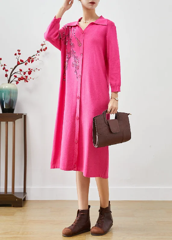 maxi dresses with long sleevesItalian Rose Print Button Down Knit Long Dress Fall