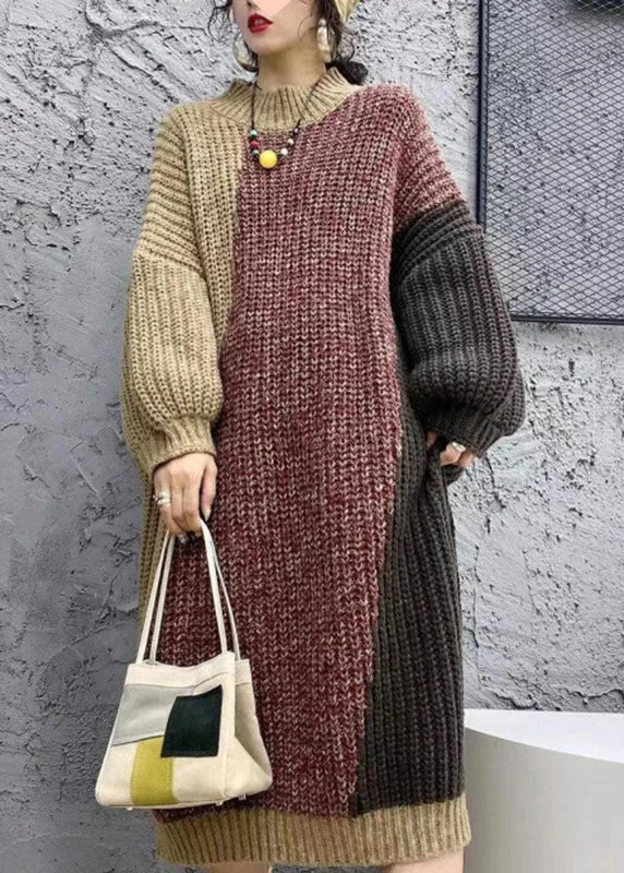 maxi dresses for garden partiesUnique Coffee Stand Collar Patchwork Cotton Knit Long Sweater Dress Winter