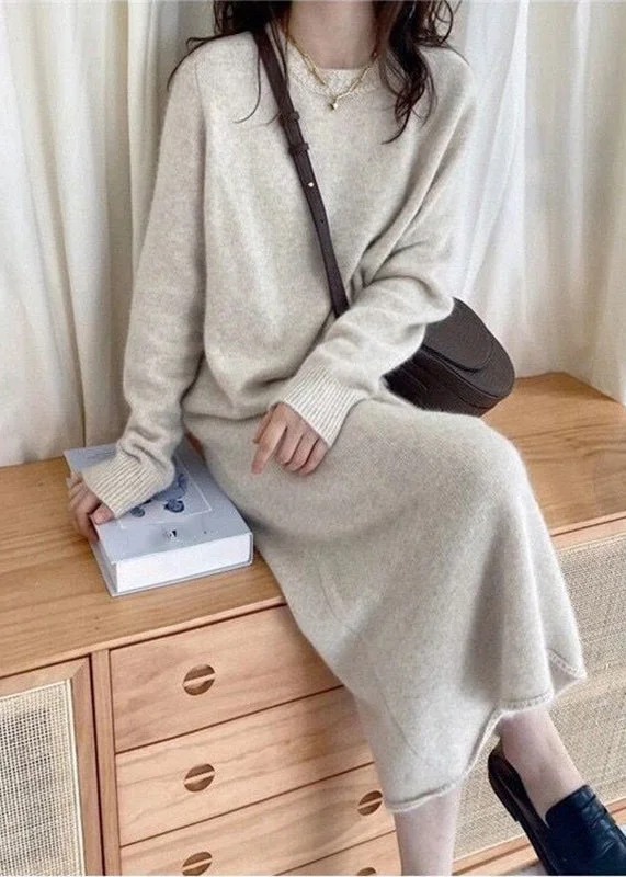 maxi dresses with lace-up detailsChic Light Grey Cozy Long Cashmere Knit Sweater Dress Fall