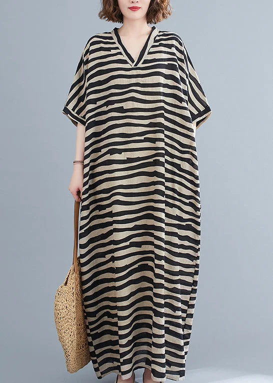 maxi dresses with sweetheart necksBohemian Black Striped V Neck pockets Long Dress Short Sleeve