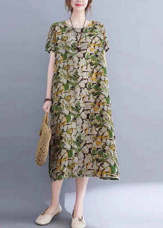 maxi dresses for mother of the brideCasual Green O-Neck Print Pockets Long Dress Short Sleeve