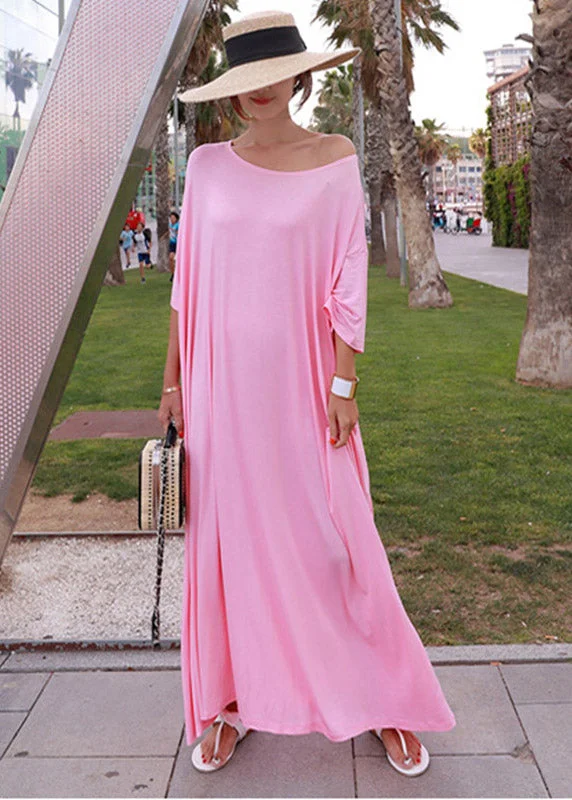 striped maxi dressesLoose Pink O-Neck Cotton Long Dress Short Sleeve