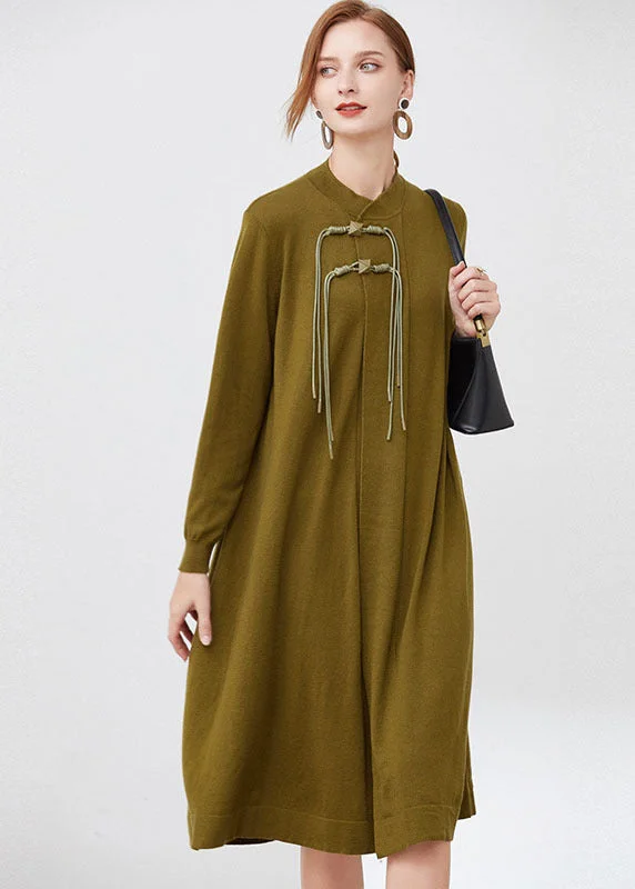 casual maxi dressesGreen Wool Knit Long Dresses Stand Collar Tassel Long Sleeve