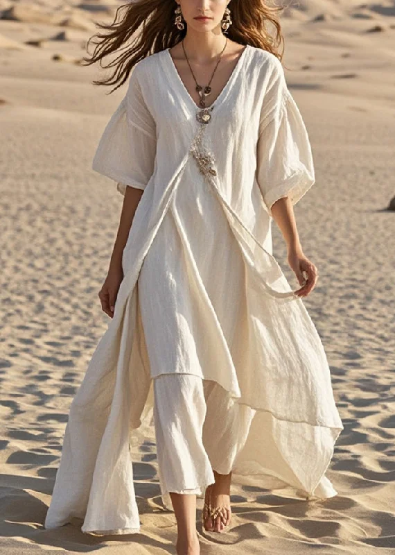 maxi dresses with zippersElegant White Asymmetrical Cotton Long Dress Summer