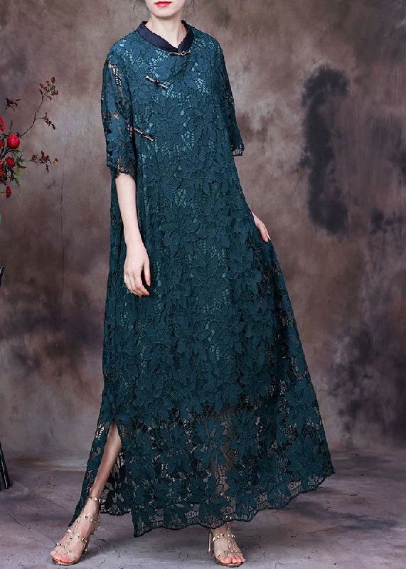 maxi dresses for yoga and meditationWomen Green Button Embroideried Side Open Lace Long Dress Half Sleeve