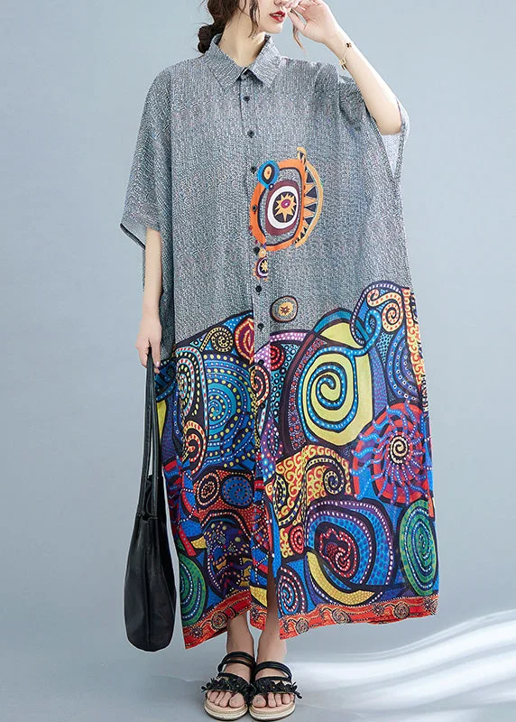 maxi dresses with high necklinesPlus Size Peter Pan Collar Print Button Cotton Long Shirts Dress Summer