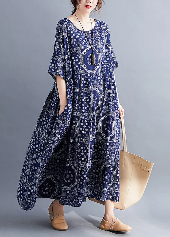 maxi dresses with halter necksPlus Size Navy O-Neck Print Cotton Long Dress Short Sleeve