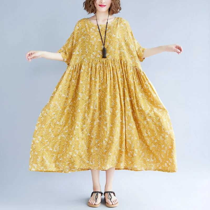 solid color maxi dressesbaggy yellow cotton linen dresses plus size print short sleeve long dresses fine o neck baggy dresses linen clothing dress