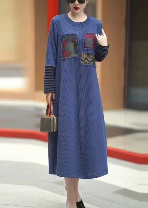 maxi dresses with pockets and sleevesNew Blue O Neck Patchwork Knit Long Dress Winter