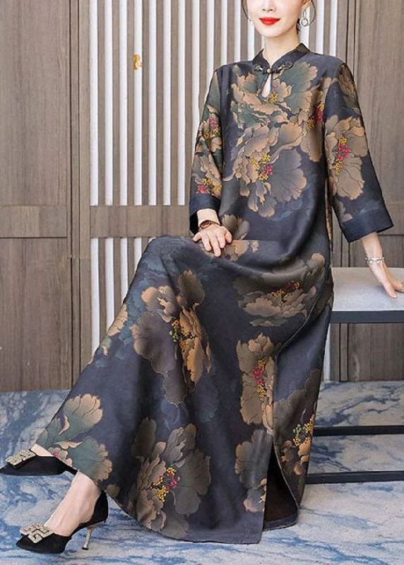 maxi dresses for autumnRetro Mandarin Collar Print Silk Long Dresses Caftan Spring