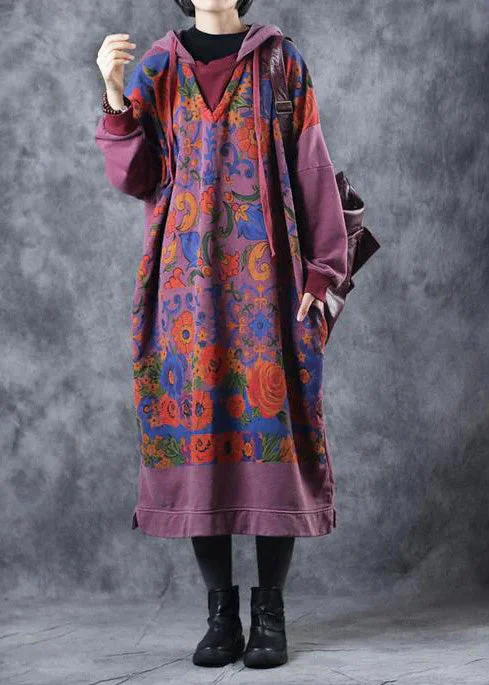 maxi dresses for plus sizeVintage Loose Hoodie Print Long Fleece Dresses