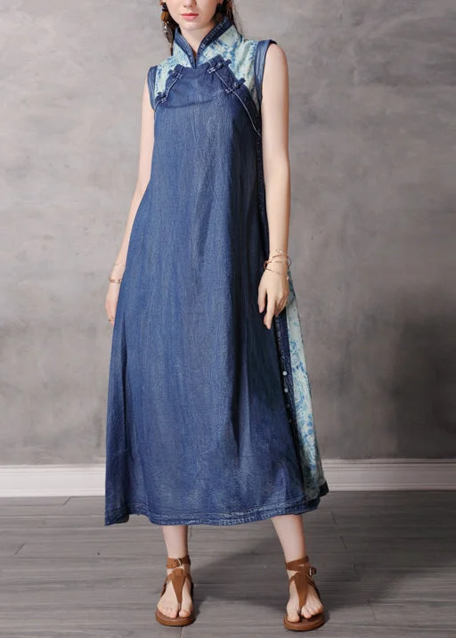 maxi dresses with sleeves2024 Blue Stand Collar Button Patchwork Long Denim Dress Sleeveless