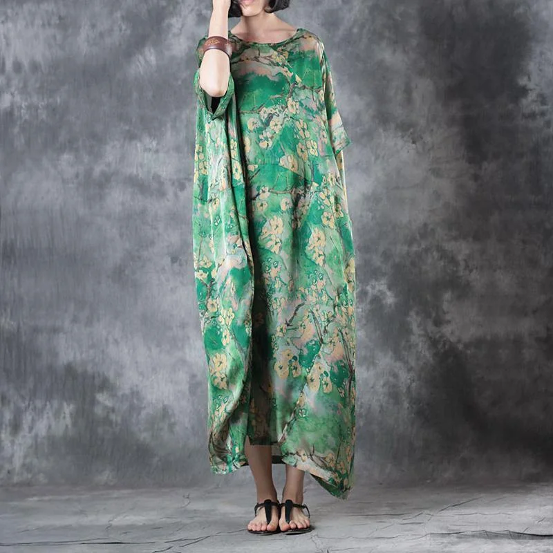 floral print maxi dresses2018 green floral natural silk dress Loose fitting O neck baggy dresses traveling clothing Elegant short sleeve silk long dresses