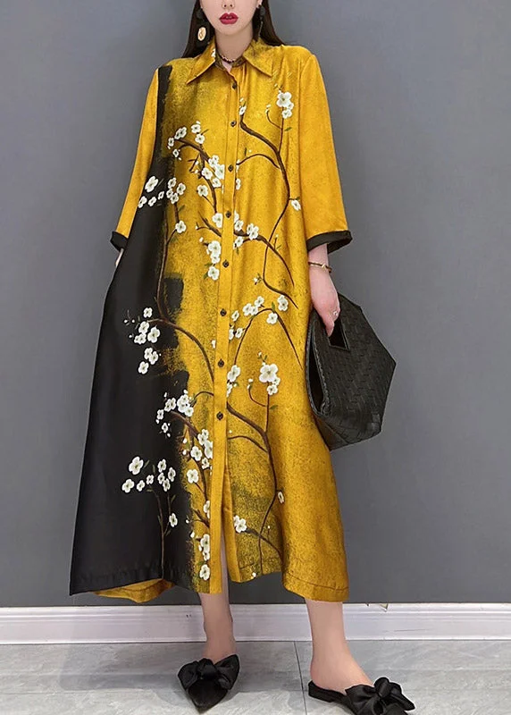 maxi dresses for springVogue Yellow Peter Pan Collar Print Button Silk Long Dress Long Sleeve