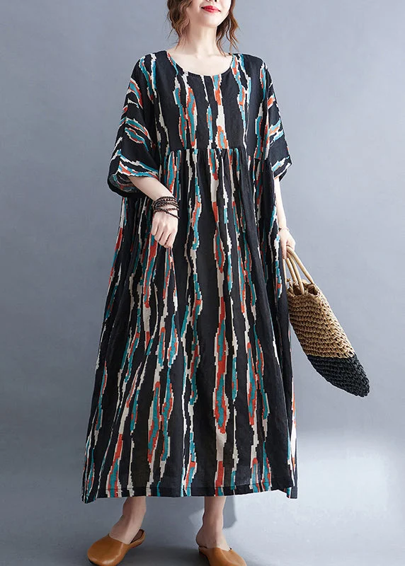 chiffon maxi dressesPlus Size Black O-Neck Print Long Dresses Half Sleeve