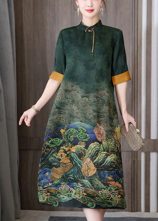 maxi dresses with pleatsGreen Print Silk Long Dress Mandarin Collar Zippered Short Sleeve