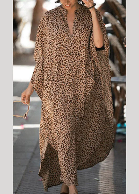 maxi dresses with rufflesBoho Leopard V Neck Print Long Holiday Dress Summer