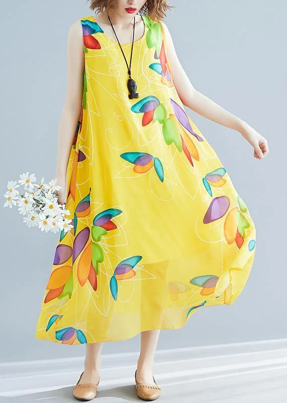 maxi dresses with sequined detailsBeautiful yellow print chiffon Robes Korea Tutorials o neck false two pieces long Summer Dress