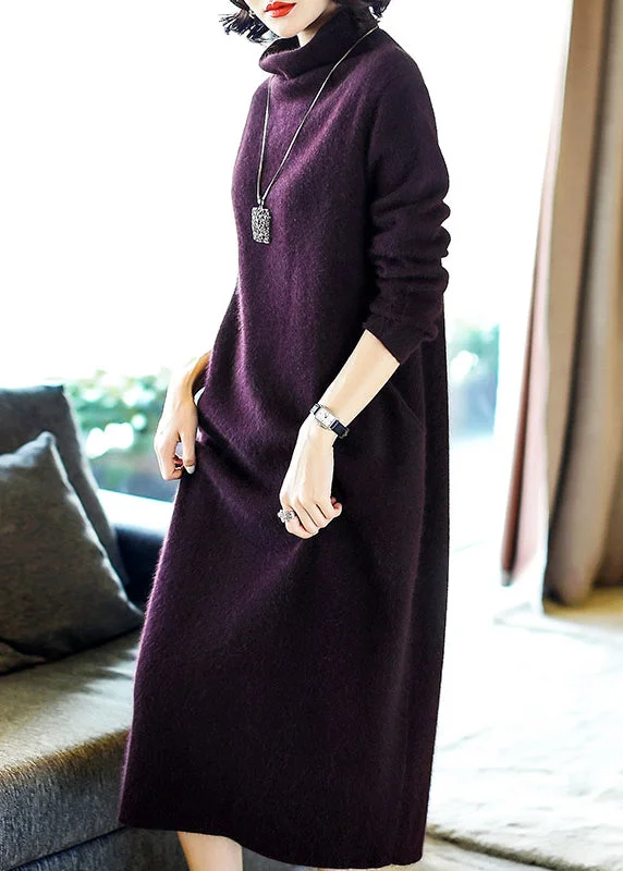 maxi dresses for cocktail partiesSimple Purple Turtleneck Pockets Cashmere Long Dresses Long Sleeve