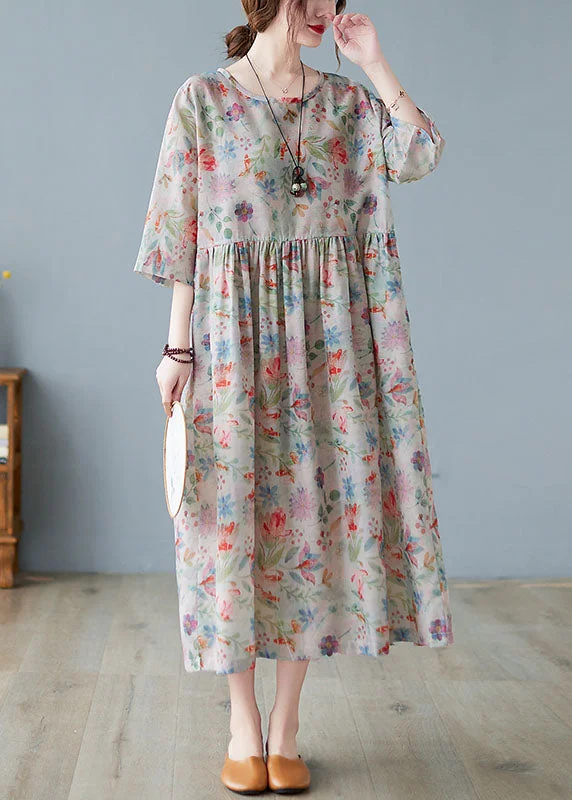 maxi dresses with A-line silhouettesPlus Size Wrinkled Print Exra Large Hem Linen Long Dress Three Quarter Sleeve