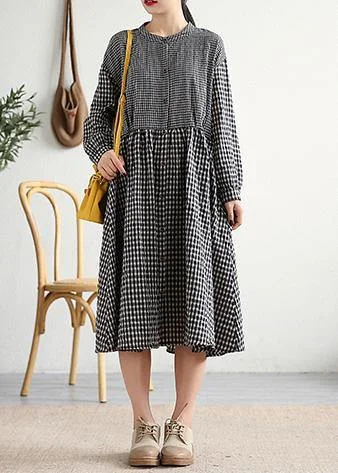 maxi dresses with built-in brasBohemian o neck patchwork cotton linen Long Shirts Work Outfits black plaid Dress