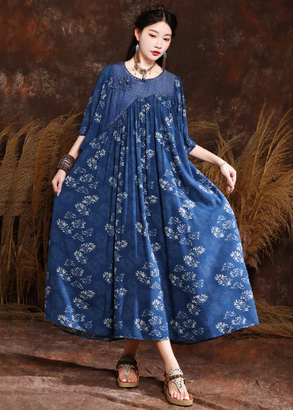 cotton maxi dressesFrench Blue Print Wrinkled Denim Long Dress Half Sleeve