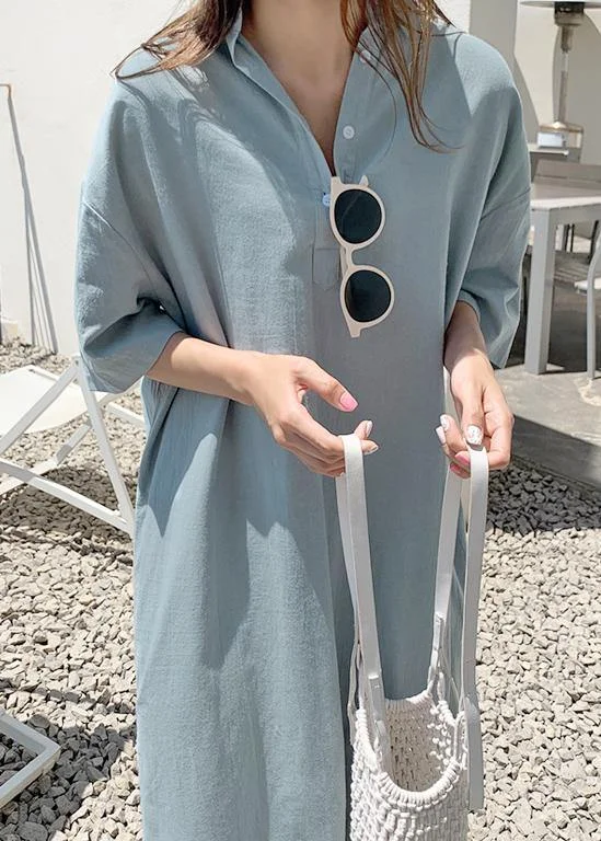 maxi dresses for plus sizeLoose blue cotton linen Robes v neck side open long Dresses