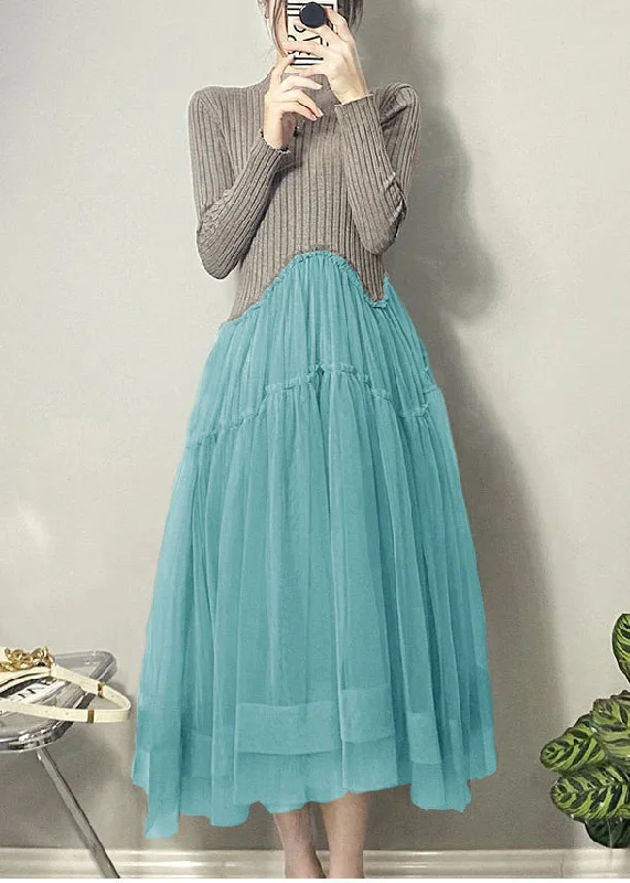 maxi dresses with pockets and sleevesBeautiful Blue Asymmetrical Tulle Patchwork Long Dresses Fall