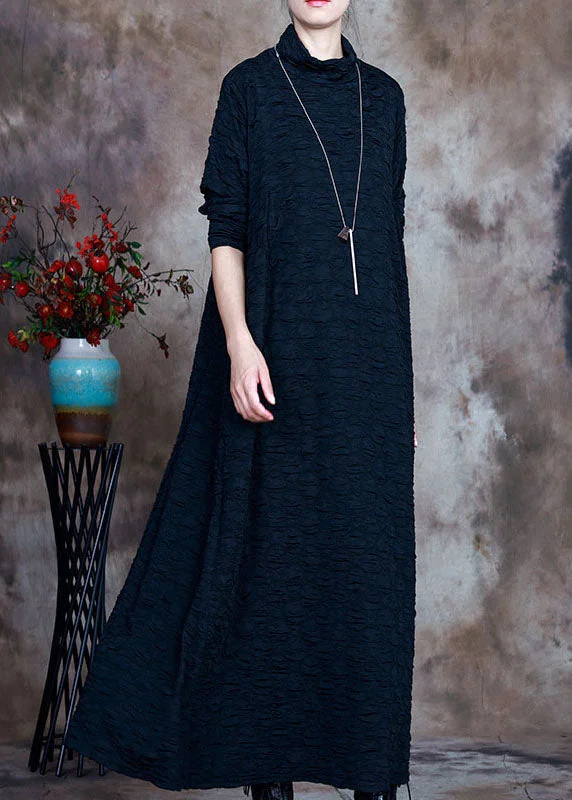 casual maxi dressesFrench Navy Turtleneck Circle asymmetrical design  Fall Long sleeve Long Dresses