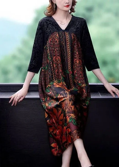 maxi dresses under $100Unique Black V Neck Patchwork Print Silk Velour Long Dress Spring