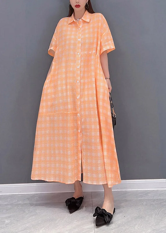 cotton maxi dressesLoose Orange Peter Pan Collar Button Pockets Plaid Long Dress Short Sleeve