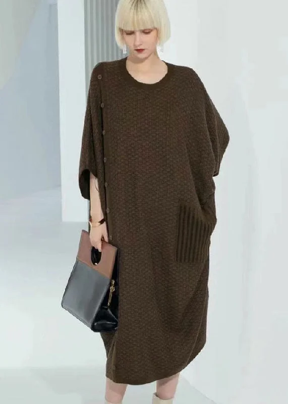 silk maxi dressesBoutique Chocolate O-Neck Patchwork Button Long Wool Knit Dress Bracelet Sleeve