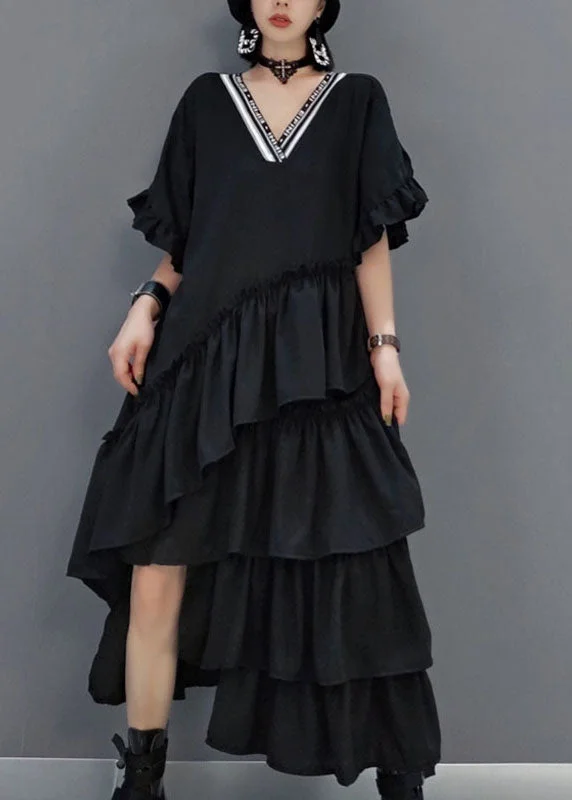 maxi dresses for flower girlsArt Black V Neck Ruffled Asymmetrical long Dress Spring